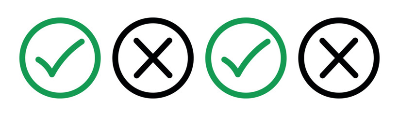  green checkmark and black cross on isolated white background vector symbol for right and wrong choices. Modern flat design, Checkmark icon set. Checkmark right symbol tick sign