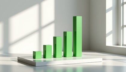 A green 3D bar graph stands on a white platform in a bright, sunlit room with large windows and shadow patterns.
