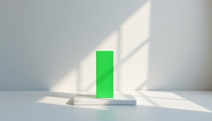 A bright green rectangular block stands on a white platform in a minimalist room with sunlight casting geometric shadows.