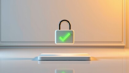 A floating padlock with a green checkmark symbolizing secure access, positioned above a platform in a minimalistic room.
