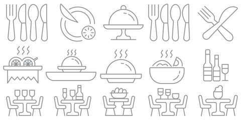 Catering icon set. Containing food service, event planning, dish, table setting, delivery, buffet, fine dining, waiter, tray, food cart, chef and more. Editable line icons. Vector illustration.