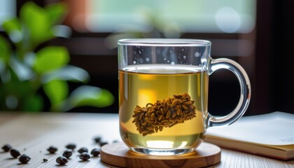 Transparent mug of herbal tea with a pine cone inside, set on a wooden coaster, with blurred greenery and seeds in the background.