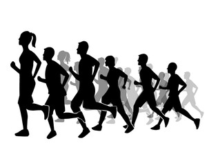 Silhouette of crowd of young people running, morning jogging, side view, isolated icon on white background.