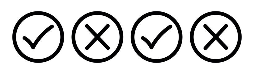 Right or wrong icons. Tick and cross marks in black color. Yes or no symbol, approved or rejected icon for user interface.