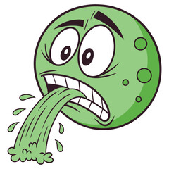 Vector emoji of a green-tinged face actively spewing vomit. Strongly indicates sickness, nausea, disgust, or revulsion.