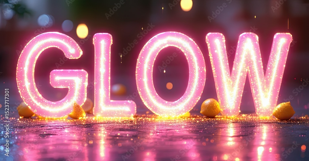 Leinwandbilder Bright pink neon text spells GLOW. Sparkling reflections appear on glossy surface below. Bokeh lights create soft background.