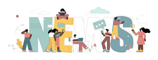 Obraz premium News concept. Flat people collect news from different media.eps