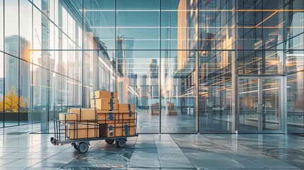 A hand truck trolley filled with packages resting near the entrance of a corporate office, with the urban landscape reflected in the buildinga??s glass exterior. 40k, full ultra hd, high resolution
