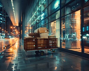 A hand truck trolley full of packages on the pavement of a modern business district, with reflections of city lights on the glass facade of a building. 40k, full ultra hd, high resolution