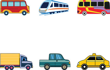 Transportation Vector icon Set illustration like Car, Bus, Taxi, Train, Cab, A collection of transportation colorful and line art vector icon design set
