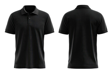 Front and back view of a blank black polo shirt.  The shirt is a solid color and shows a classic polo shirt design.  It's a  3/4 view,  showing the  collar and short sleeves