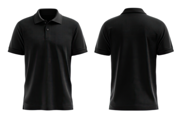 Front and back view of a blank black polo shirt.  The shirt is a solid color and shows a classic polo shirt design.  It's a  3/4 view,  showing the  collar and short sleeves
