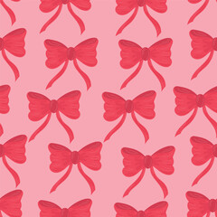 Seamless pattern of pink bows. Gift ribbons on checkered background. Coquette core cute trendy design. Design for wrapping paper, packaging, fabric, textile, home decor, gifts