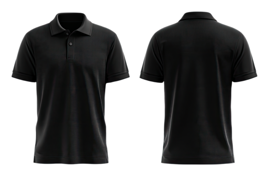 Front and back view of a blank black polo shirt.  The shirt is a solid color and shows a classic polo shirt design.  It's a  3/4 view,  showing the  collar and short sleeves