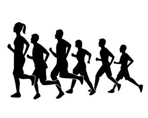 Silhouette of crowd of young people running, morning jogging, side view, isolated icon on white background.
