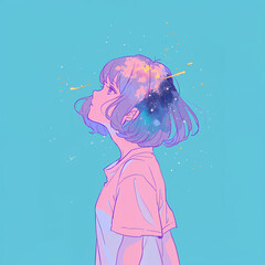 星と空を見上げる少女