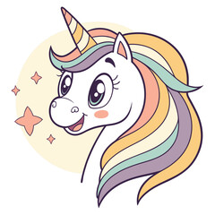Vector emoji of a white unicorn head, featuring a rainbow-colored mane and a spiraled horn. Symbolizes magic, fantasy, uniqueness, or mythical creatures.