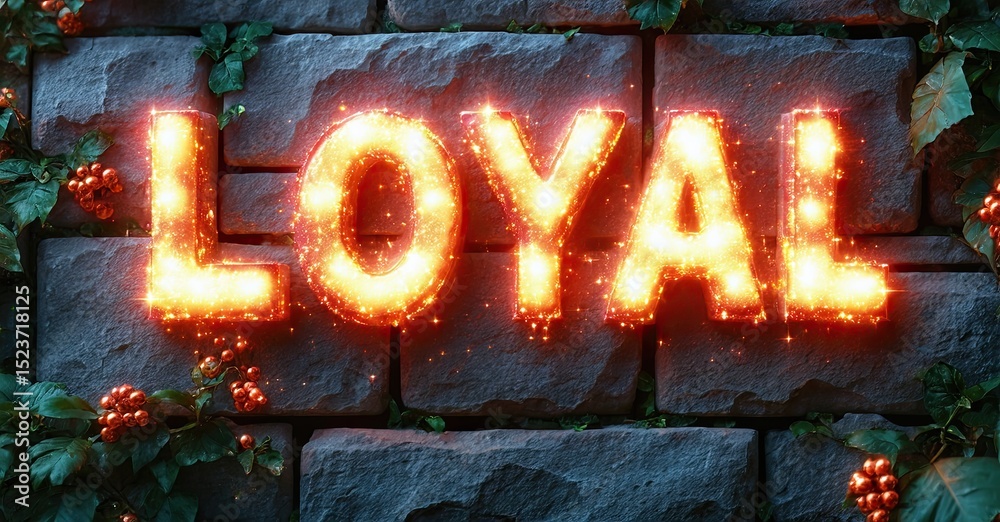 Aufkleber Glowing word LOYAL displayed upon stone wall. Vines frame text, creating dramatic visual effect. Dark background enhances brightness.