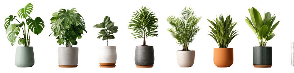 Fototapeta premium Collection of various potted indoor plants, including monstera, banana, and palm, isolated on a Transparent background, PNG file.