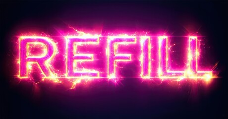 Bright pink text spells REFILL against dark background. Energetic sparks radiate from letters, creating vibrant visual effect.