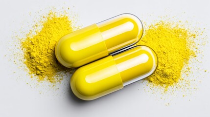 Yellow capsules resting on a surface with vibrant yellow powder scattered around, showcasing the pharmaceutical product and its ingredients in a clean, minimalist setting for health and wellness conce