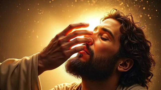 A miracle light appears as Jesus is healing a blind man