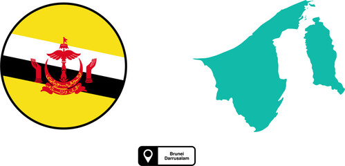 Obraz premium Vector map and flag of the country Brunei Darussalam isolated on transparent background