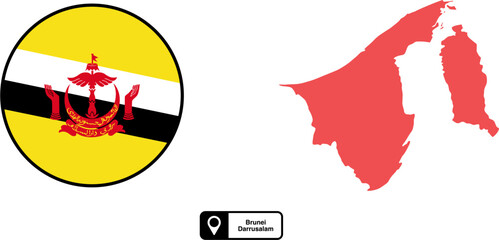 Obraz premium Vector map and flag of the country Brunei Darussalam isolated on transparent background