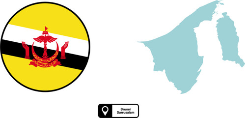 Vector map and flag of the country Brunei Darussalam isolated on transparent background