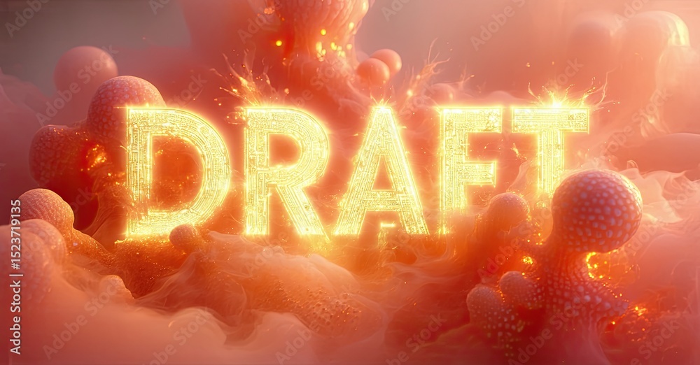 Poster glowing draft text emerges from fiery, corallike formations. warm colors dominate composition, creat