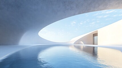 Modern Architecture Reflection Pool with Open Sky, Minimalist Design, Serene Water, Curved Structure, Light and Shadow, Tranquil Scenery.