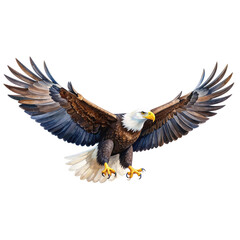 Fototapeta premium Watercolor bald eagle flying, isolated on transparent background, featuring wildlife, freedom, and American symbol concepts.