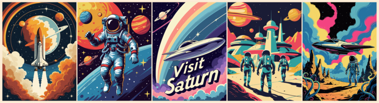 Astronaut in space retro Poster, background, cover. Space and the universe concept. Cosmonaut in spacesuit flying in galaxy with stars and planets. Vintage style vector colorful illustration.