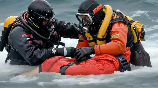 Rescuers in wetsuits navigate challenging ocean waters during a rescue.