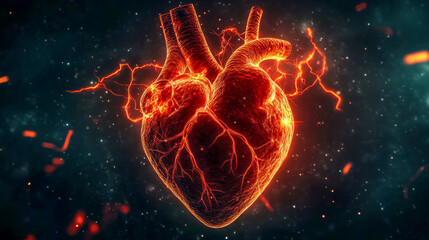 An intricate portrayal of a human heart illuminated by vibrant electrical impulses, symbolizing the complexities of arrhythmia. This stunning depiction blends art and medical understanding