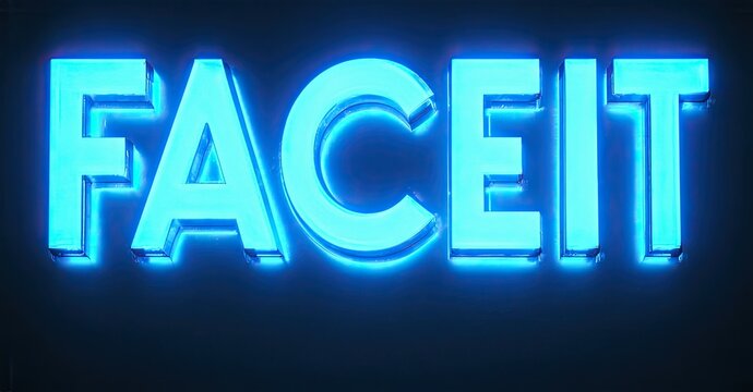 Bright blue text spells FACEIT against dark background. Bold lettering features glowing neon effect, creating striking visual impact.