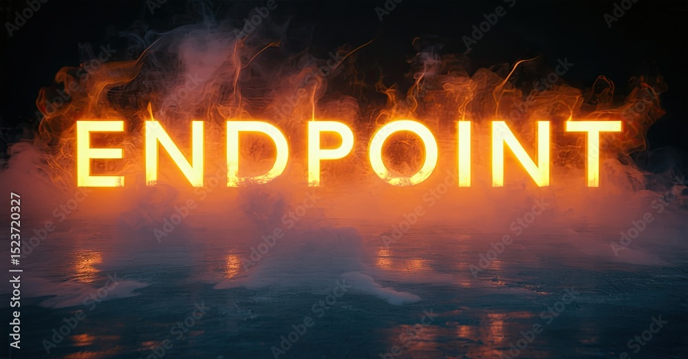 Poster glowing text spells endpoint over dark surface. smoke surrounds bright lettering, creating dramatic 