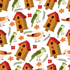 
Birdhouse with a bird. Beautiful birdie. Cartoon vector illustration seamless pattern  isolated on white background