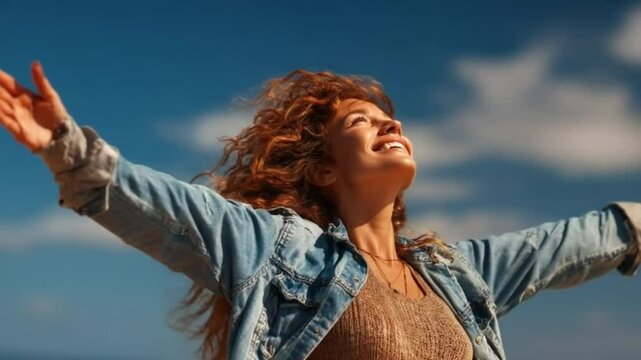 Happy woman smiling with arms wide open and wind blowing through her curly hair under a clear blue sky, joyful expression of freedom, peace, and gratitude on a sunny day outdoors, AI generated