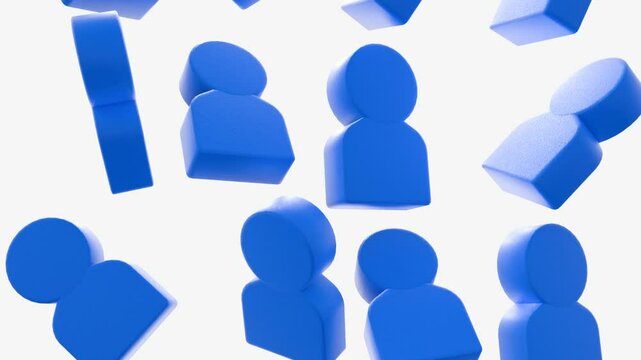 A 3D animation of figures, resembling generic human silhouettes or user icons, uniform blue color. They are scattered across a plain white background, with some areas subtly out of focus.