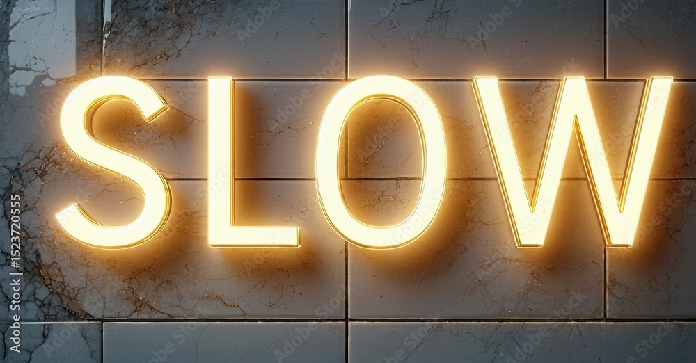 Poster illuminated sign displays slow. textured wall provides backdrop. warm light emanates from letters, c