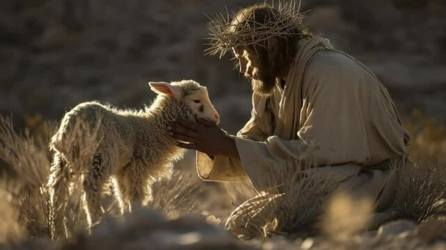 Jesus Christ kneeling in the desert, gently placing His hands on a small lamb while gazing at it with compassion, spiritual biblical moment in golden light, Christian inspirational art, AI generated

