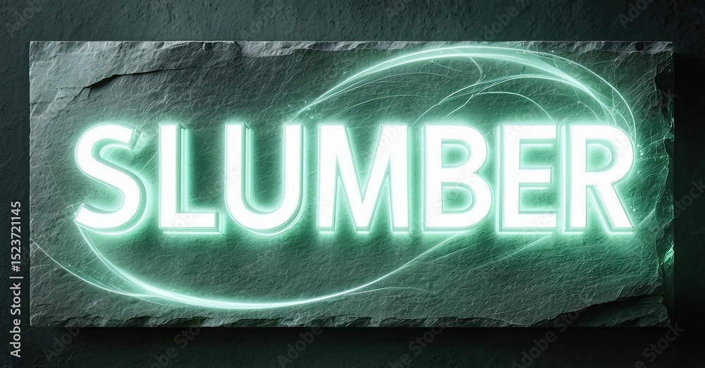 Poster dark background features glowing slumber text over stone slab. swirling light accents design, creati