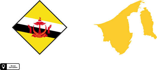 Vector map and flag of the country Brunei Darussalam isolated on transparent background
