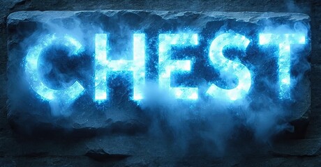 Bright blue CHEST text glows against dark stone background. Smoke effects add dramatic visual impact. Cool, intense presentation.