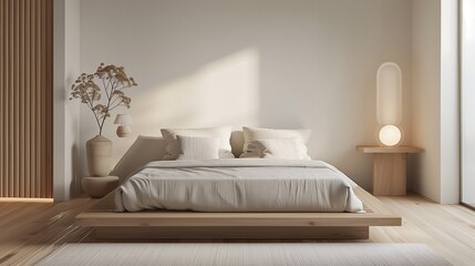 A serene bedroom featuring a low-profile platform bed with soft, luxurious linens in neutral tones, and minimalist bedside tables with sleek lamps.