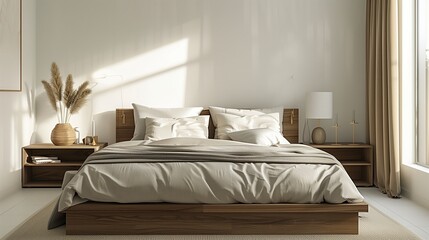 A serene bedroom featuring a low-profile platform bed with soft, luxurious linens in neutral tones, and minimalist bedside tables with sleek lamps.