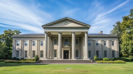 Empire-style architecture, monumental columns, neoclassical details, symmetry and grandeur 