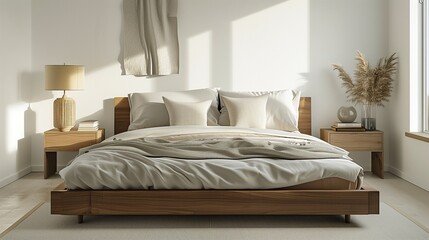A serene bedroom featuring a low-profile platform bed with soft, luxurious linens in neutral tones, and minimalist bedside tables with sleek lamps.