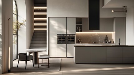 A sophisticated kitchen with clean lines, high-end appliances, and minimalist cabinetry in soft, muted colors, creating an airy and luxurious space.